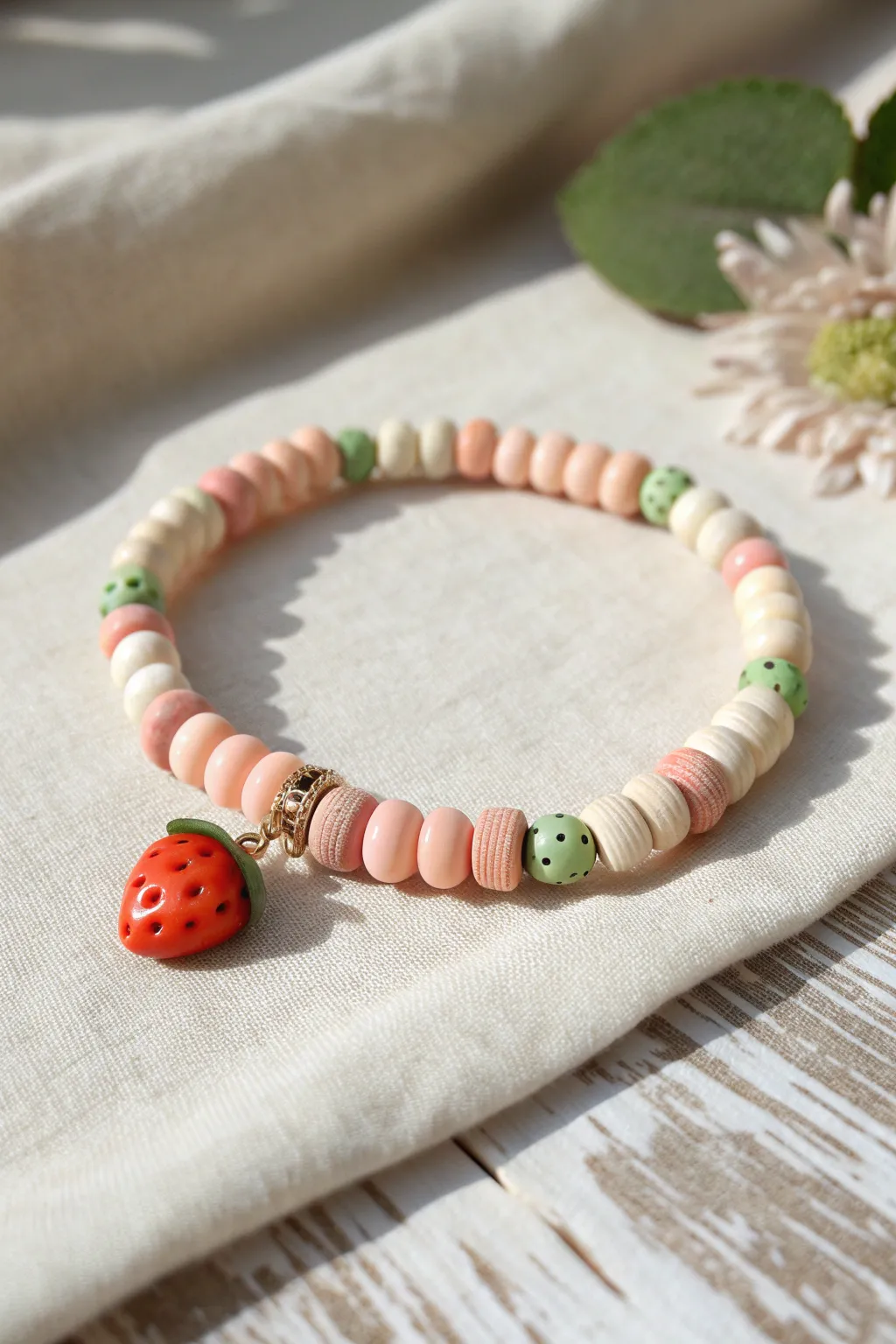 Pastel Heishi clay bead bracelet with a cute strawberry focal bead, sunlit and minimal.