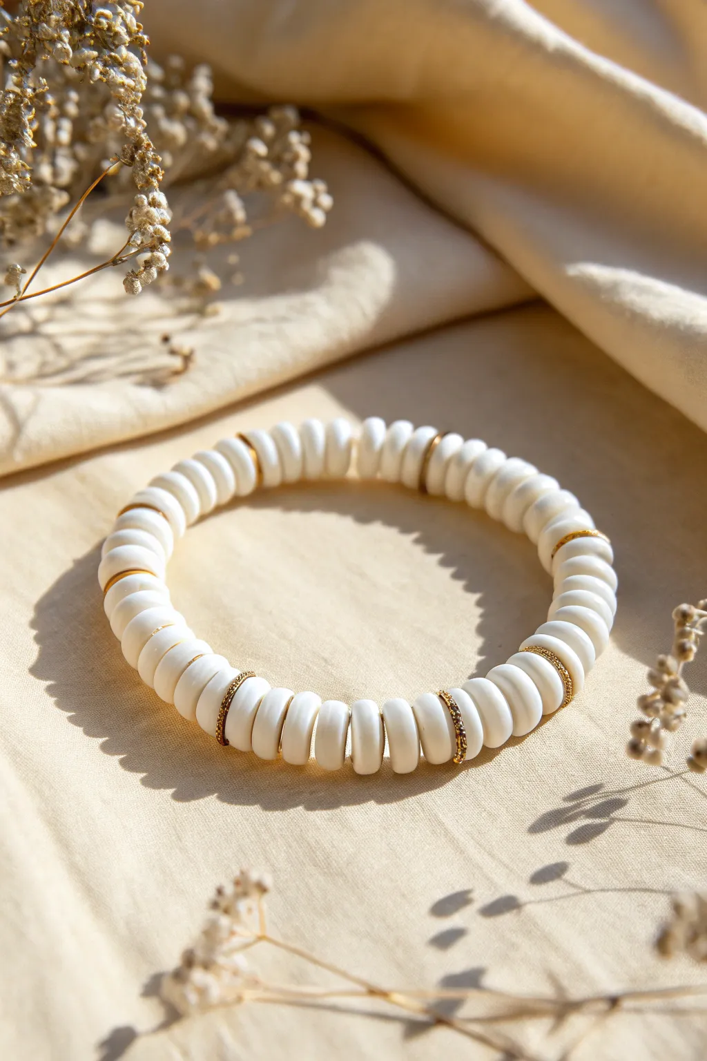 All-white clay disc bead bracelet with a sleek modern silhouette and calm minimalist contrast