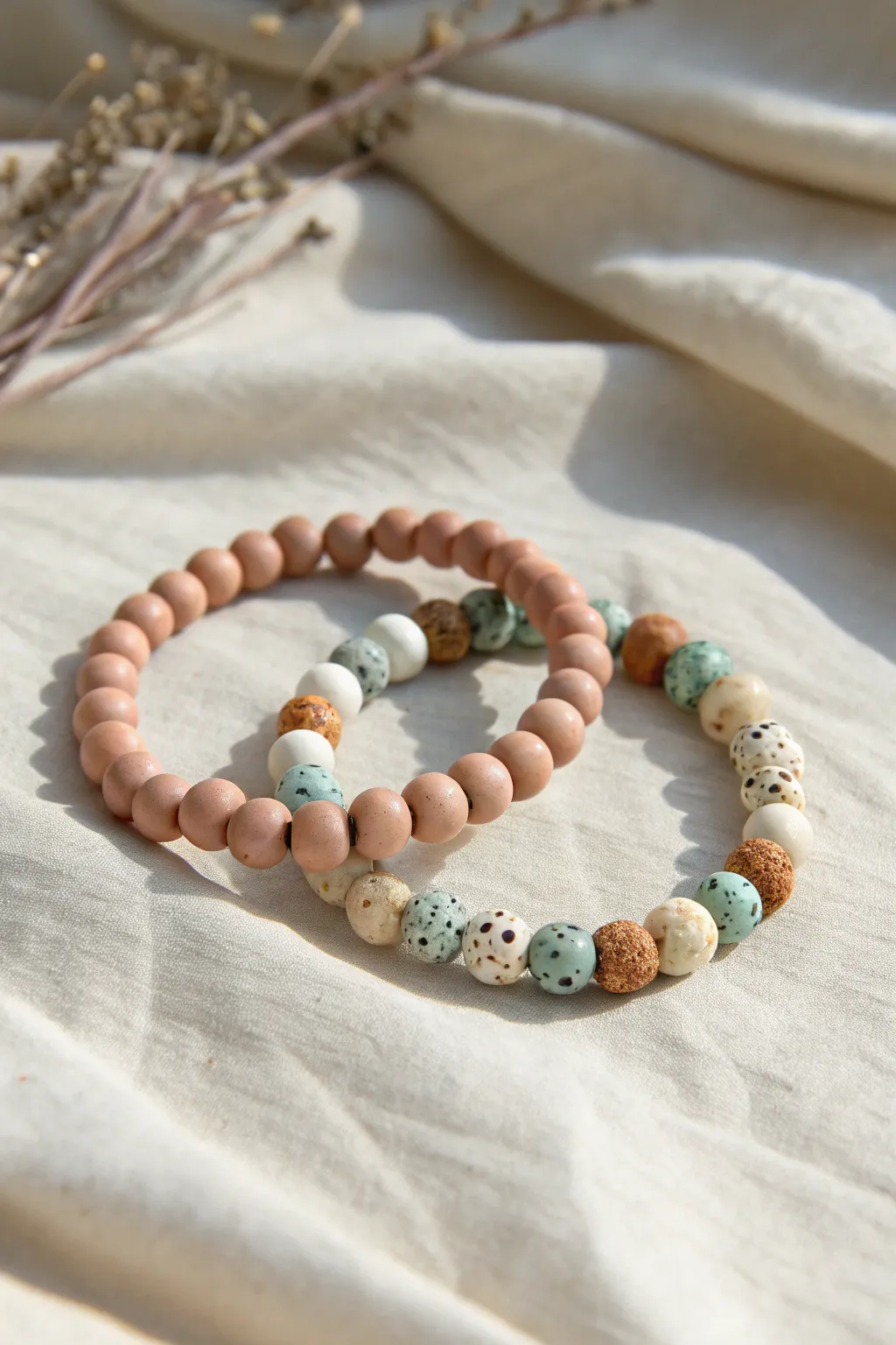Confetti clay bead bracelet with calm neutral anchor bands, paired with a solid match.