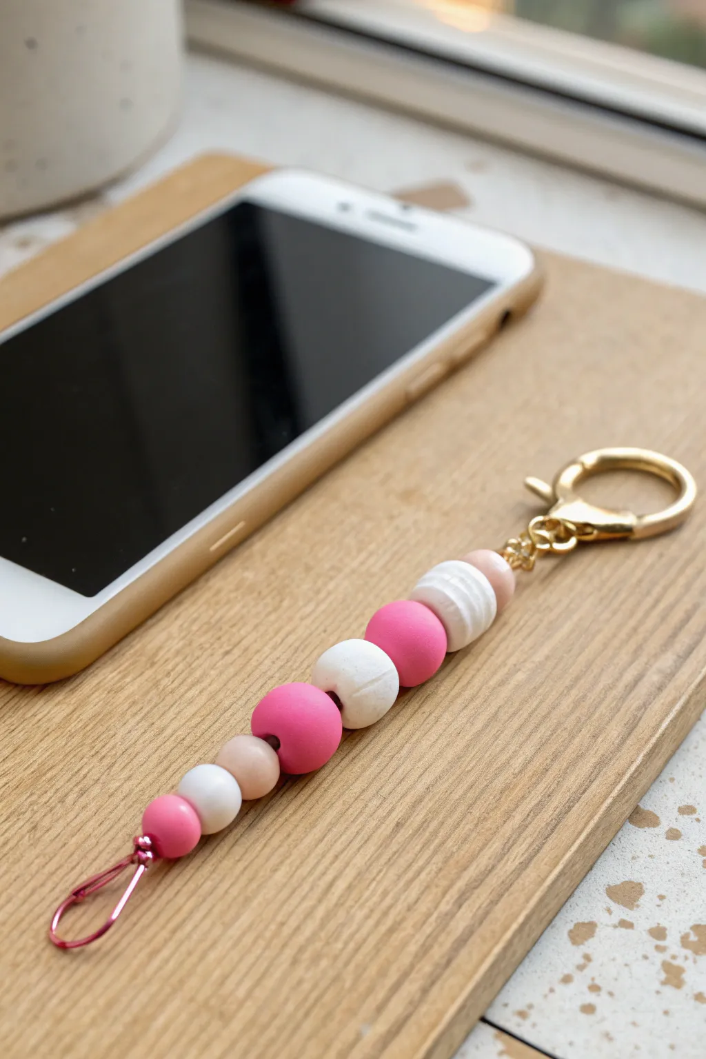 Bold pink and white color-blocked clay bead phone charm for a modern minimalist look