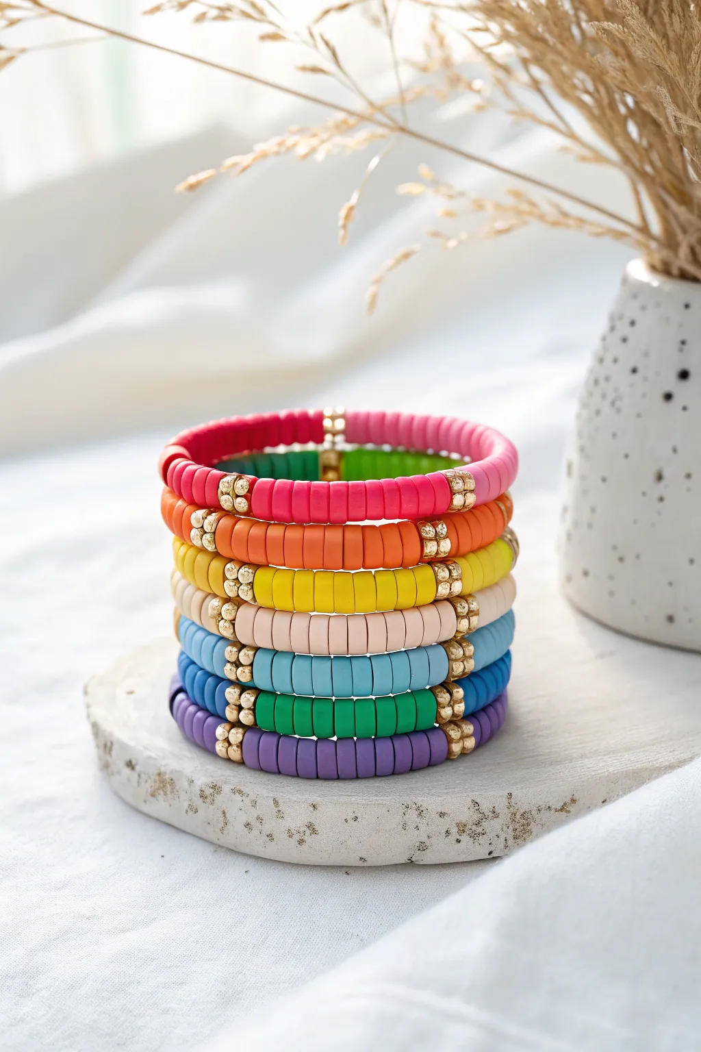 Rainbow heishi bracelet stack with crisp spacing and metallic accents on bright white, minimalist