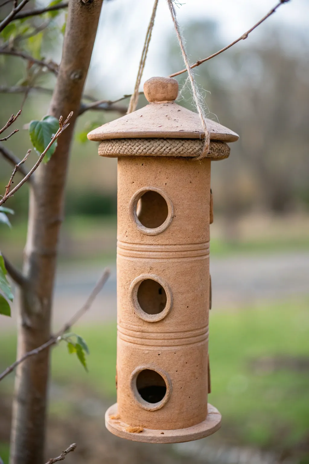 Simple roofed clay cylinder feeder with side ports, minimalist style for your garden birds