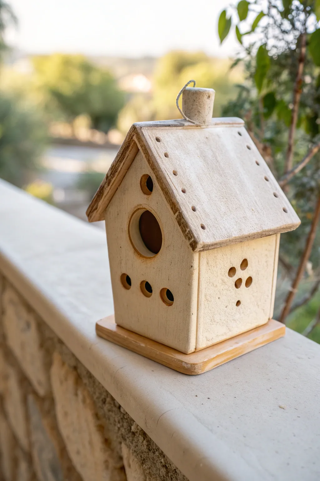 Minimal ceramic birdhouse with a pitched roof overhang and tiny vents, styled on a stone ledge