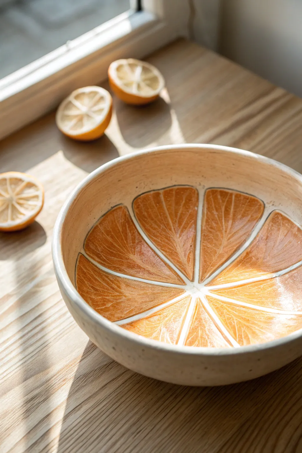 Citrus segment bowl: a bright, minimalist centerpiece with handmade charm and fresh color.