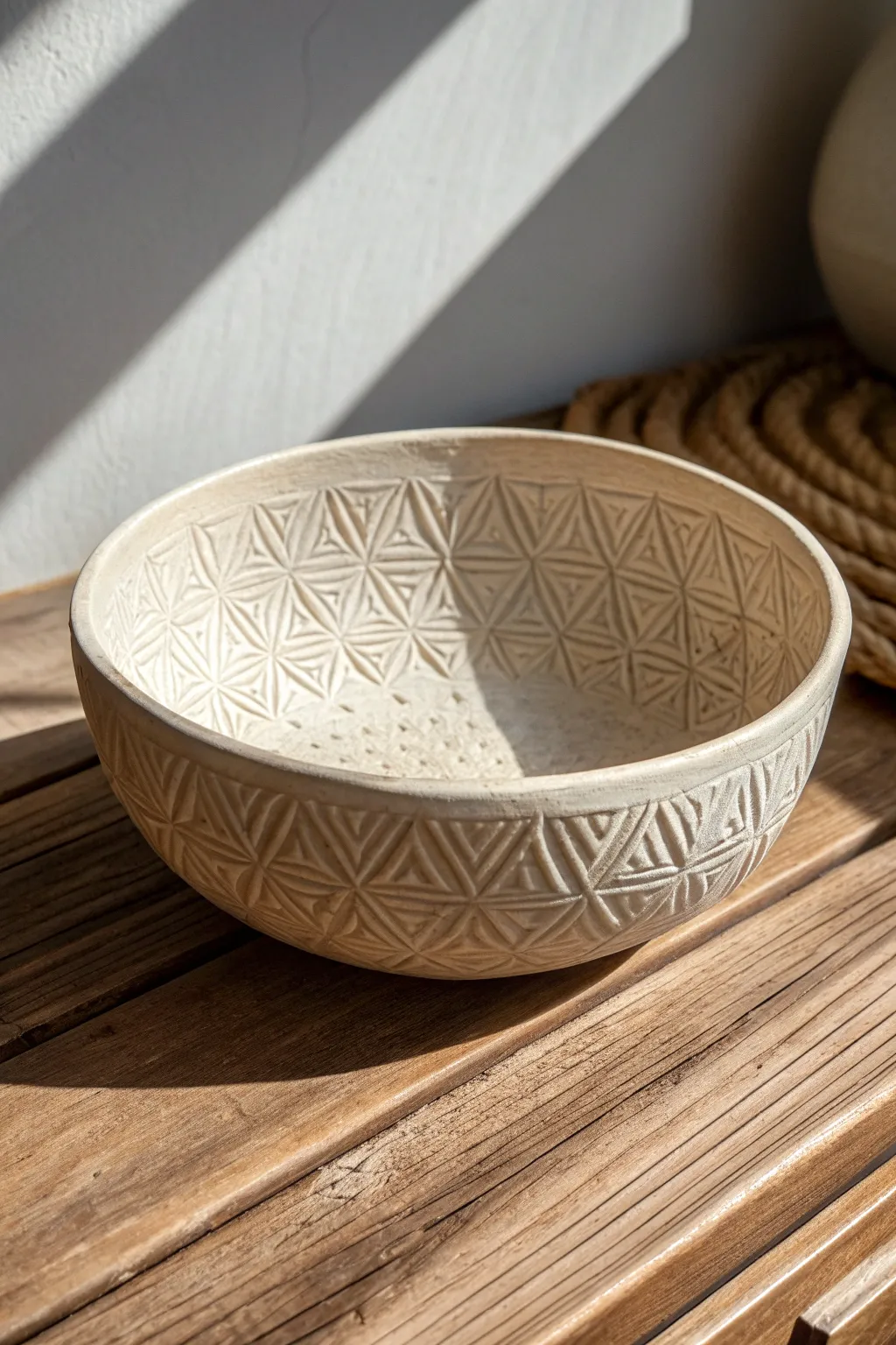 Minimal stamped clay bowl with raised texture, side-lit for contrast, Scandinavian boho calm.