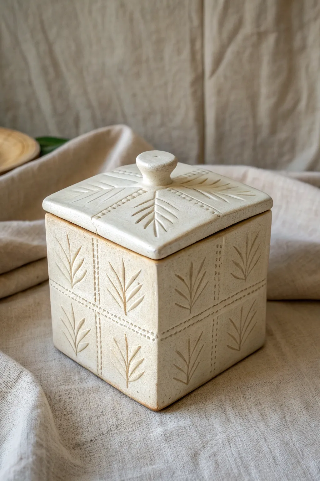 Minimal lidded clay box with stamped sides, shown in grazing light to highlight texture.