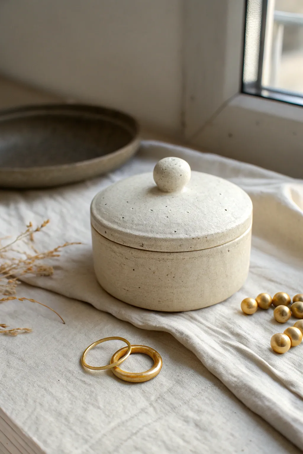 Tiny clay trinket box with pebble knob lid, minimalist and boho style for small treasures
