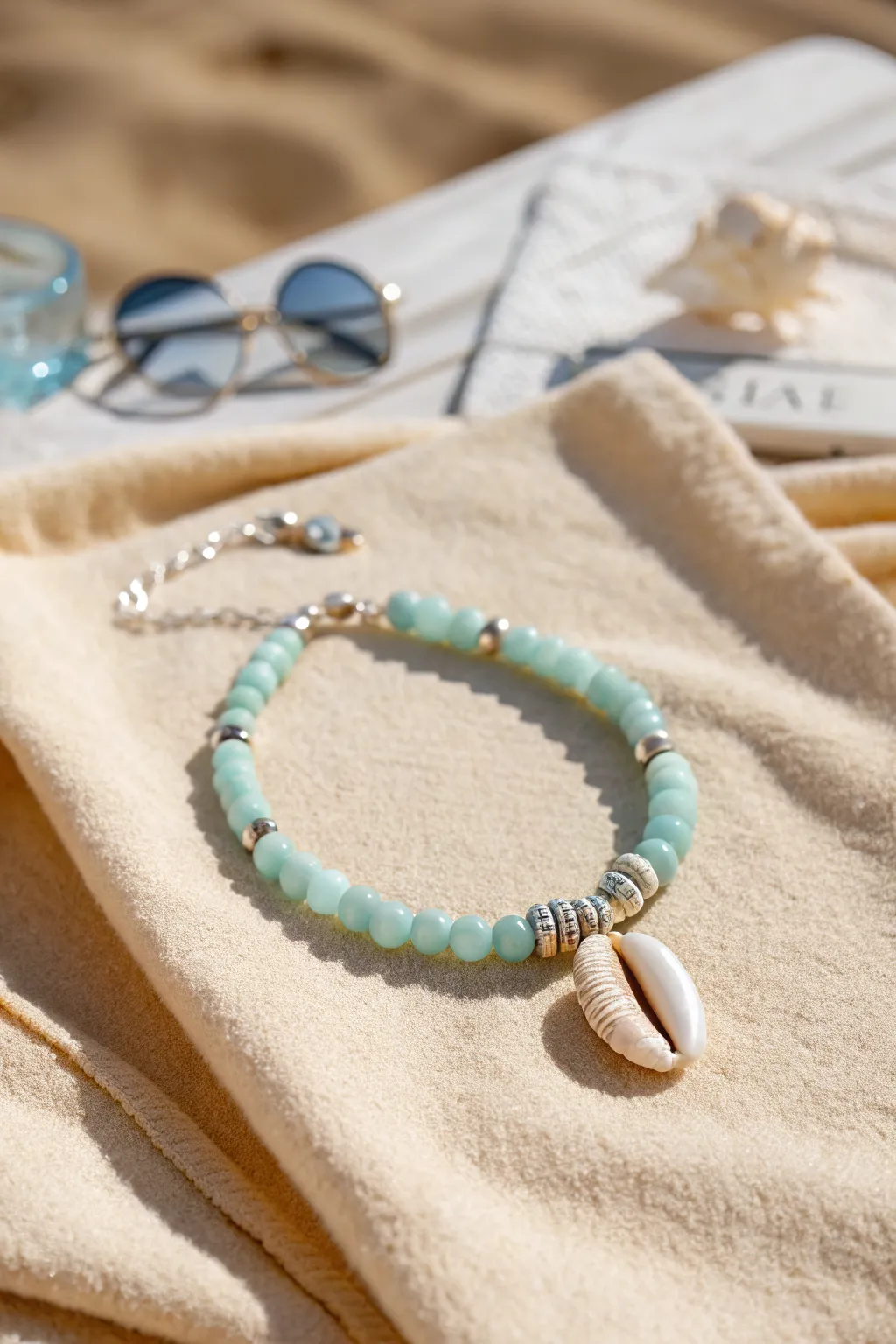 Aqua clay bracelet with a cowrie shell charm, perfect for soft Scandinavian beach vibes.