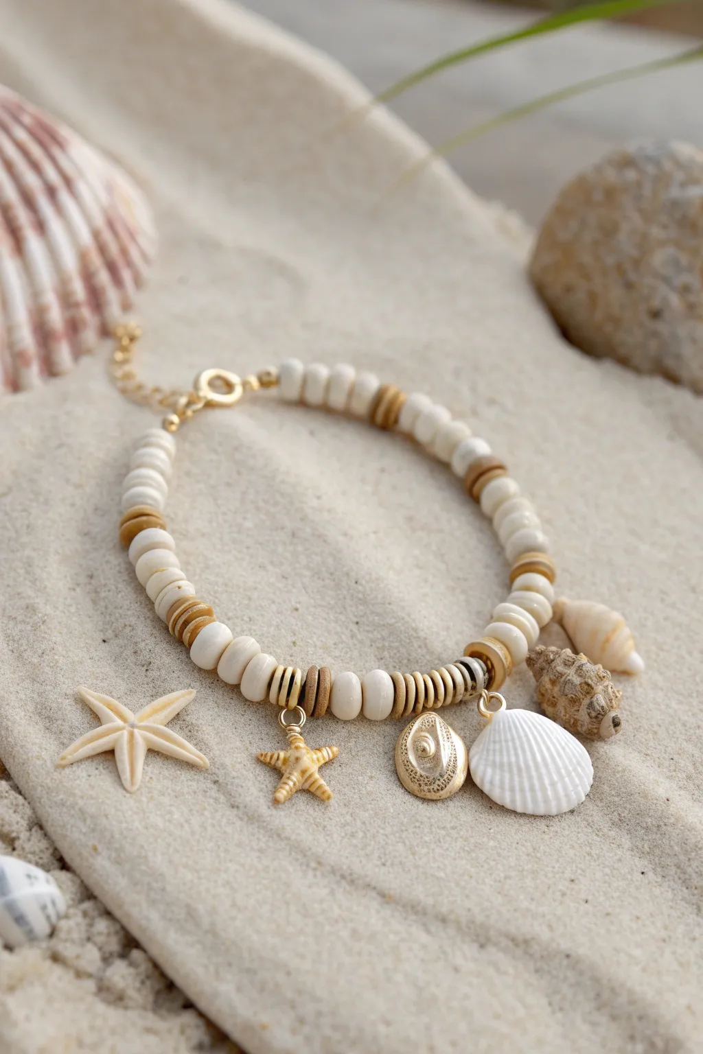 Minimal clay disc bracelet with cowrie and sea-life charms for an airy, beachy summer stack
