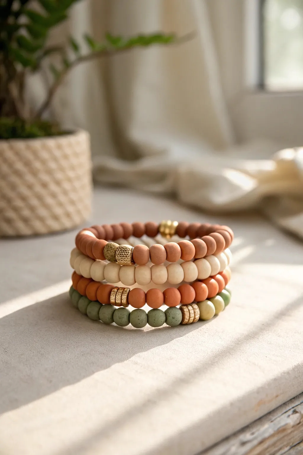 Neutral earth-tone clay bracelets with subtle metal spacers for an effortless boho-minimal look.