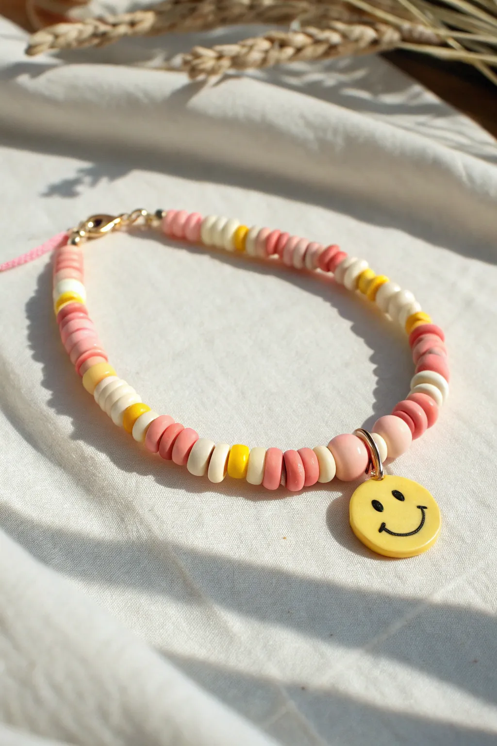 Sunny minimalist smiley centerpiece clay bracelet with pastel discs, simple handmade charm