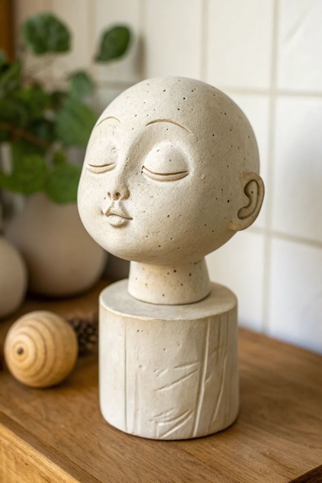 Soft, beginner-friendly clay bust with baby-face proportions in calm minimalist styling