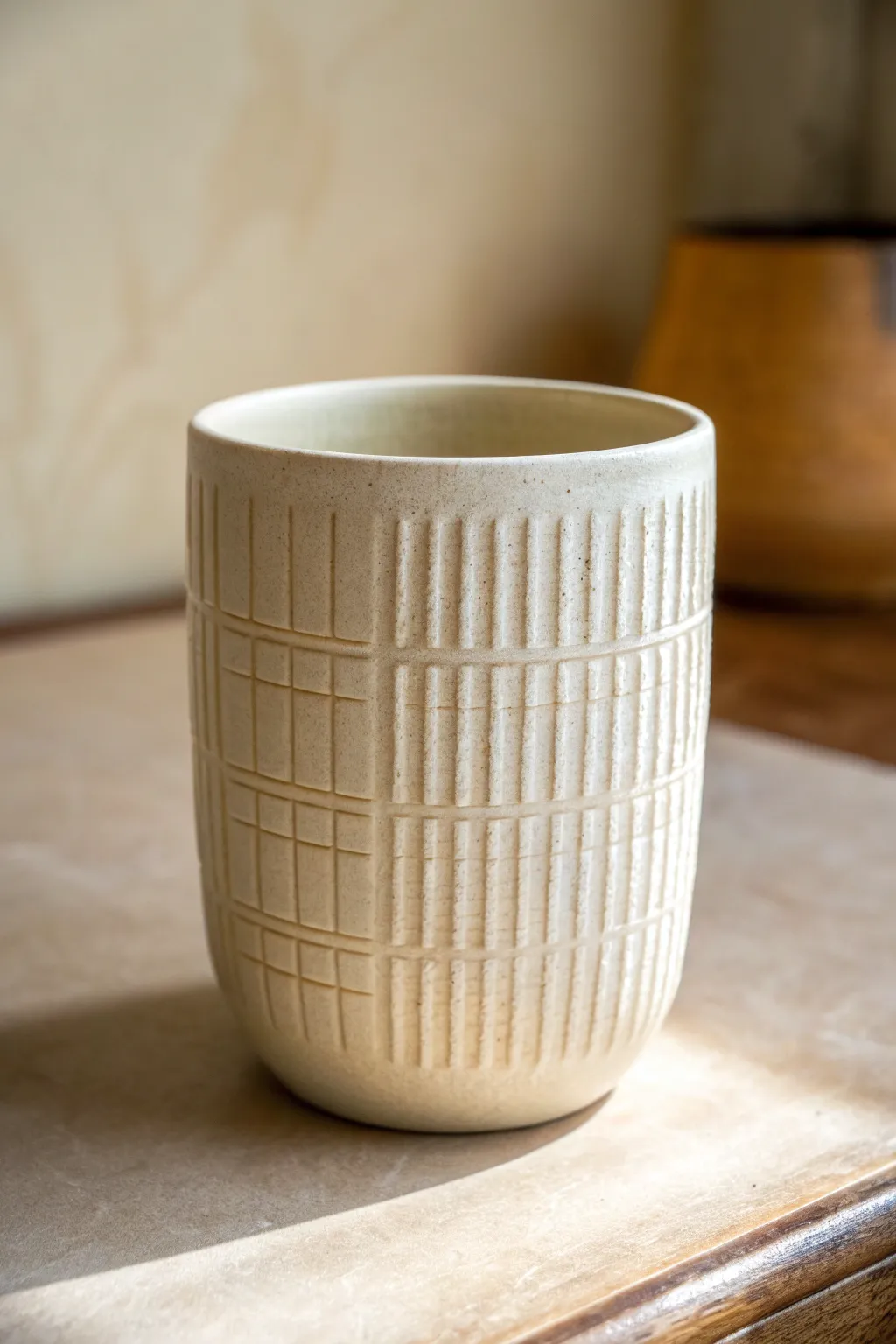 Clean crosshatch grid carving on a minimalist clay cup for modern, handmade texture