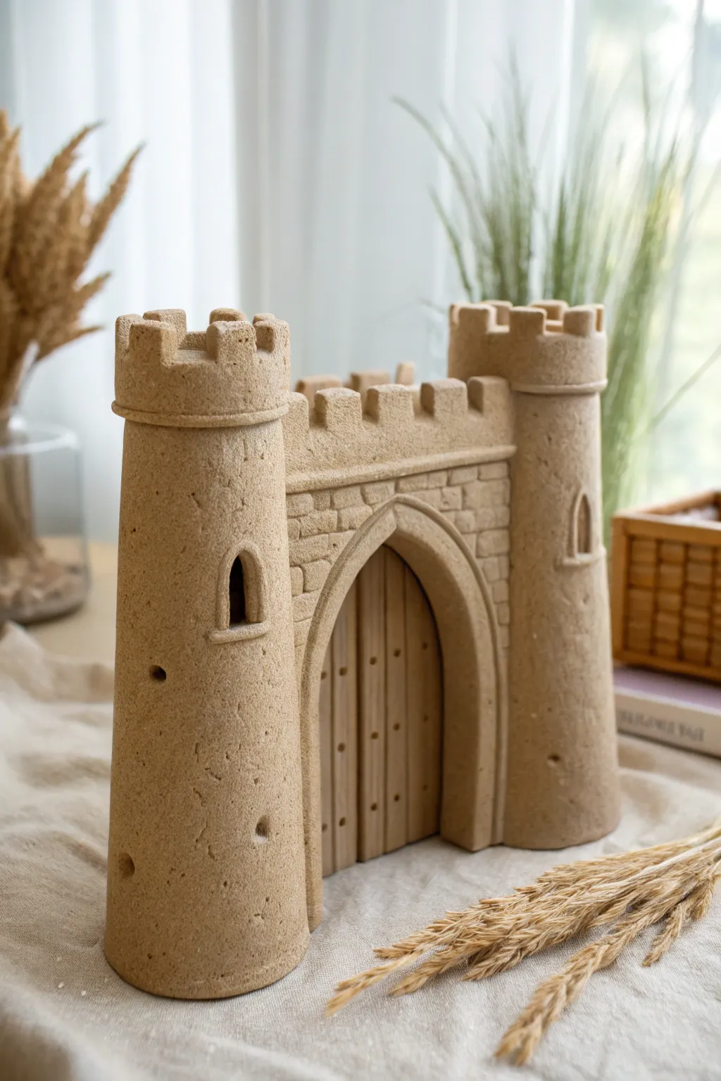 Minimal clay castle gate with arched entry and carved portcullis lines, softly lit and serene