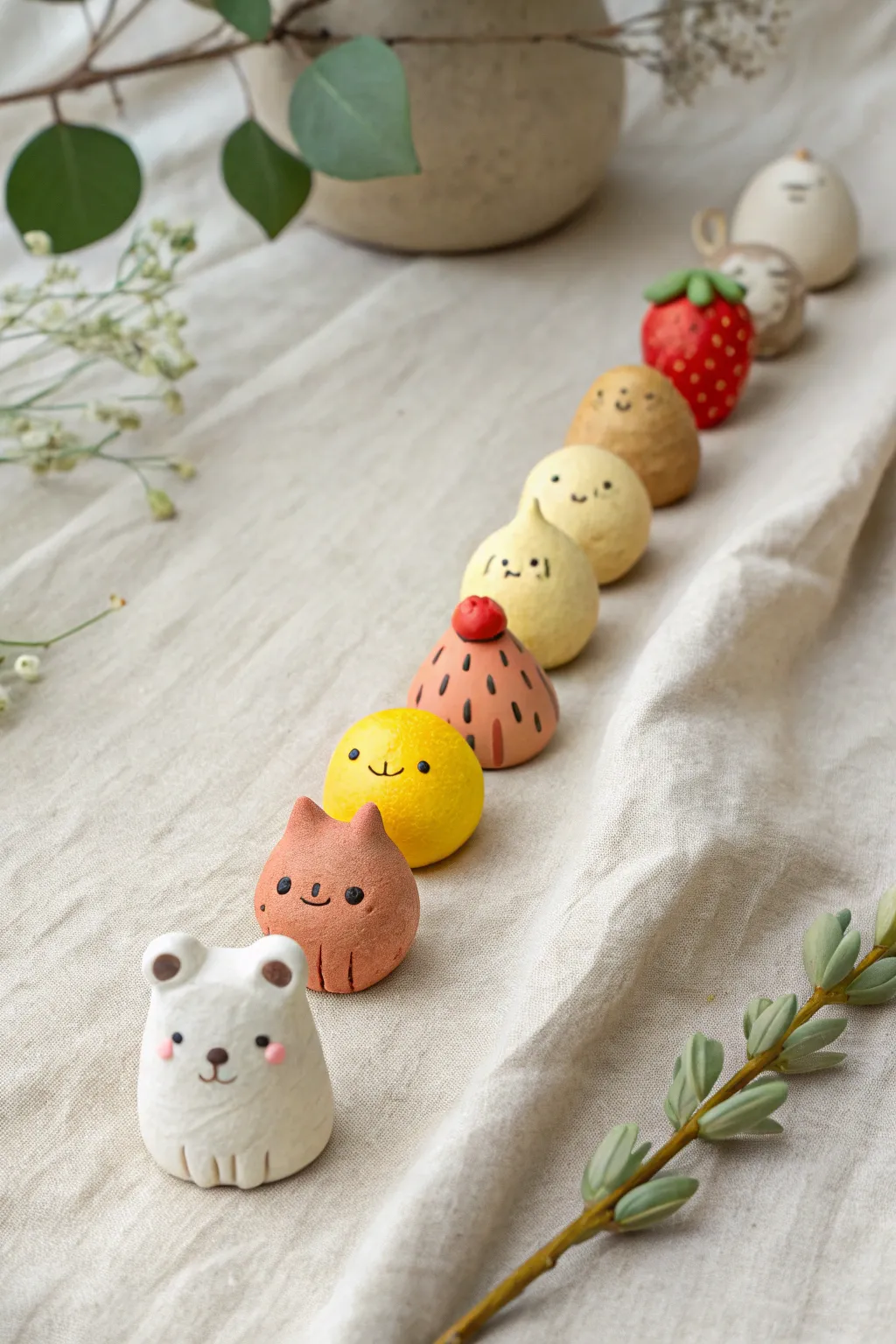 One shape, ten adorable clay variations in a clean row, a perfect pottery challenge idea