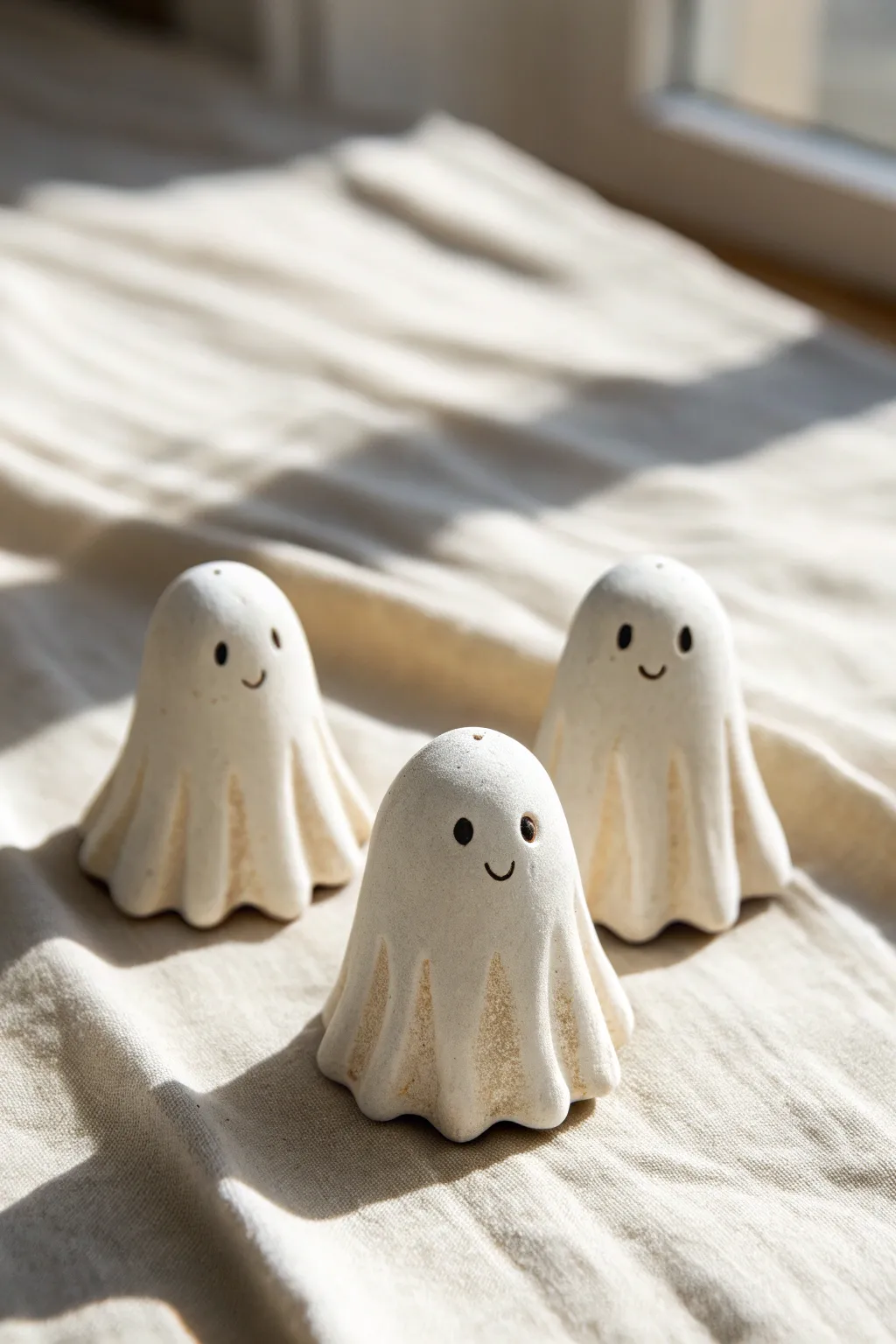 Three tiny wavy-hem clay ghost characters in soft whites, minimalist and sweetly handmade