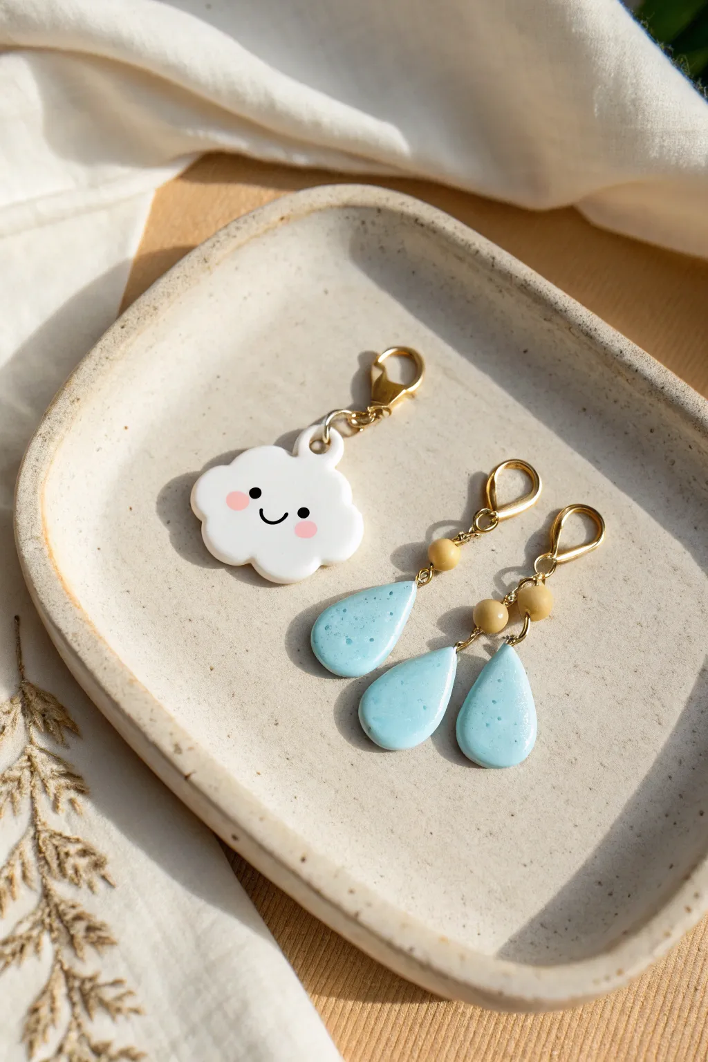 Sweet cloud charm with two sky-blue raindrops, minimalist boho set ready for earrings