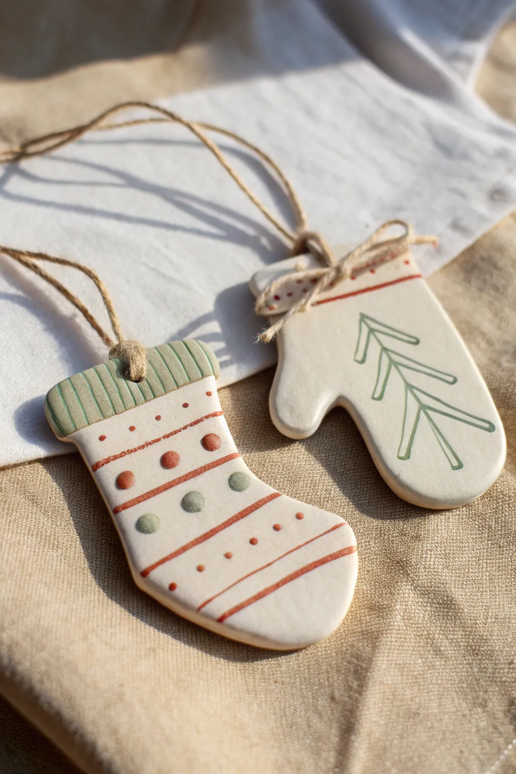 Minimal clay stocking and mitten ornaments with simple patterns for a cozy Scandinavian Christmas