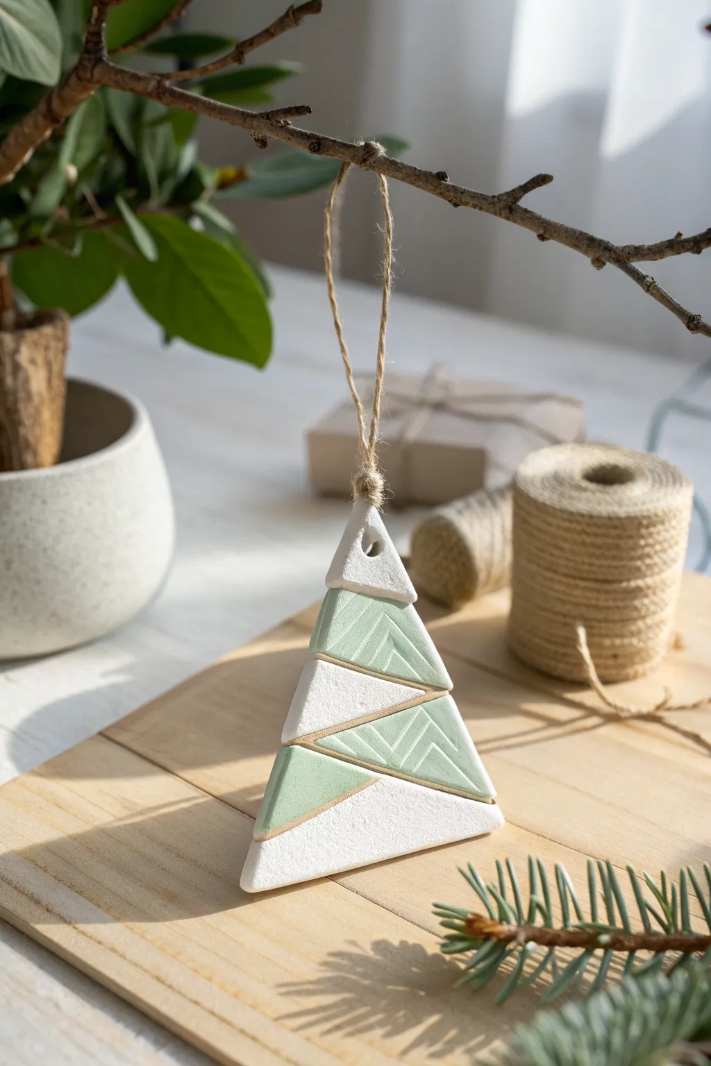 Minimal clay tree ornament in white and sage, modern geometric charm for Christmas gifting