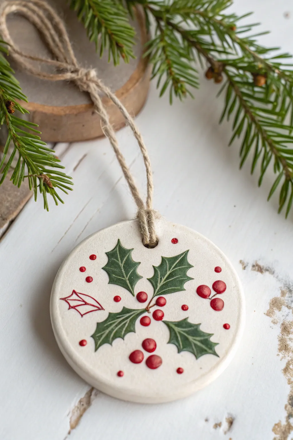 Holly berry relief ornament in clay, painted red and green for a clean Scandinavian Christmas look.
