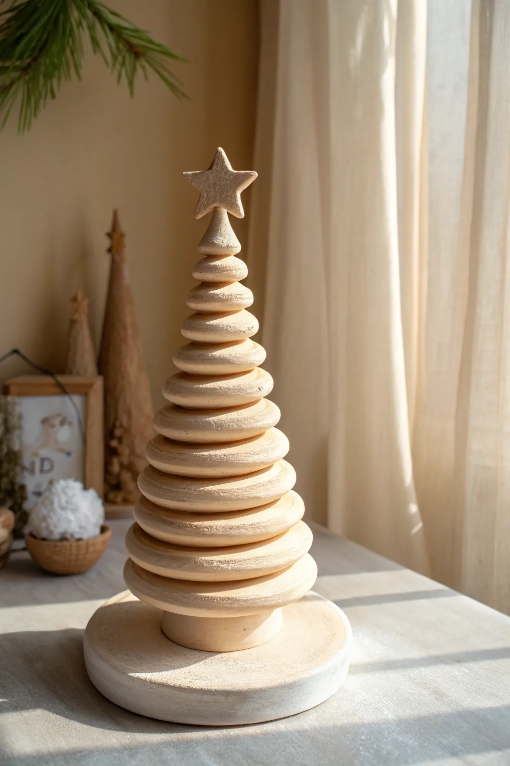 Minimal spiral coil clay Christmas tree in matte ivory with a tiny star, calm and cozy.