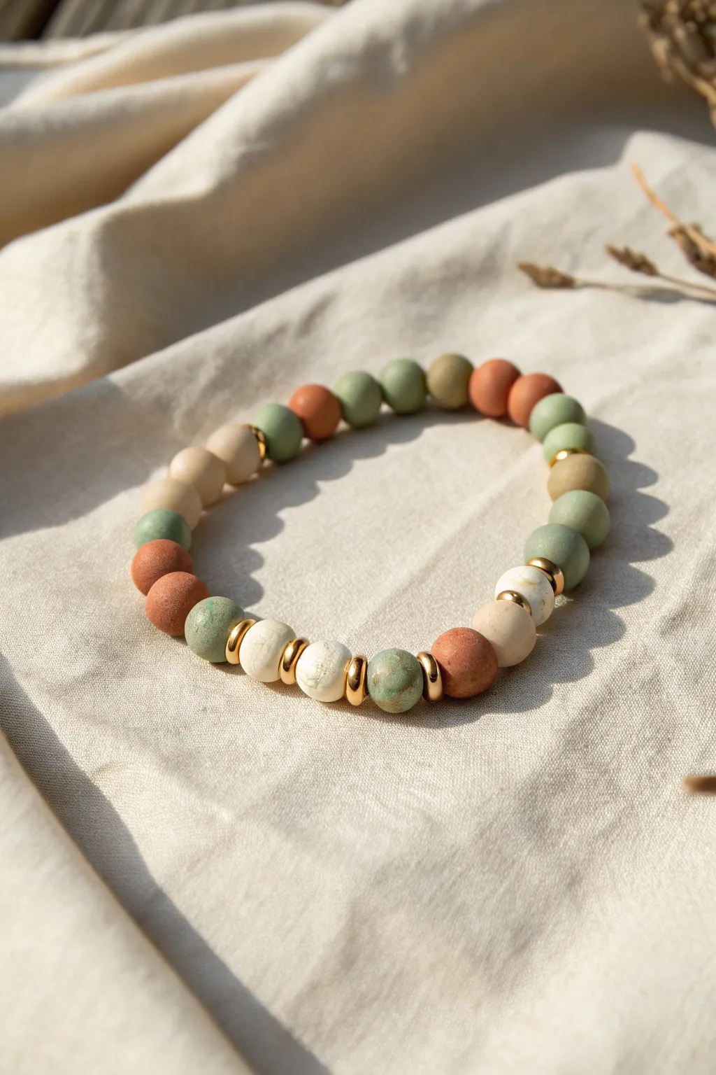 Color-block clay bead bracelet with brushed gold spacers for a clean, modern boho look