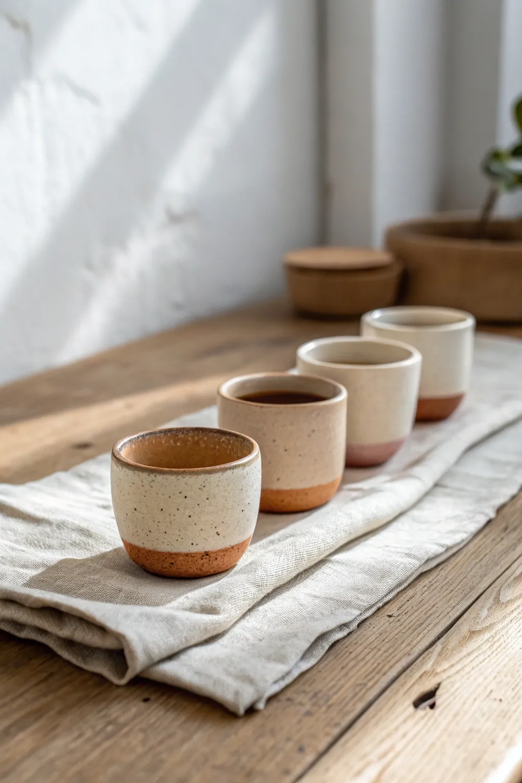 Four tiny handmade espresso cups in soft earthy glazes, minimalist and cozy for morning rituals.