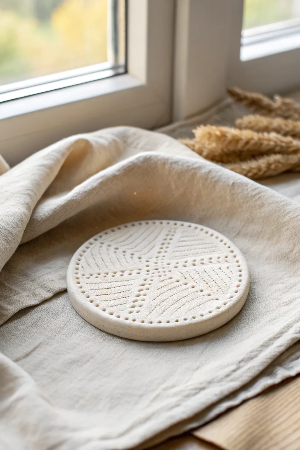 Minimalist stamped clay coaster with subtle texture, styled on soft linen for calm neutral decor.