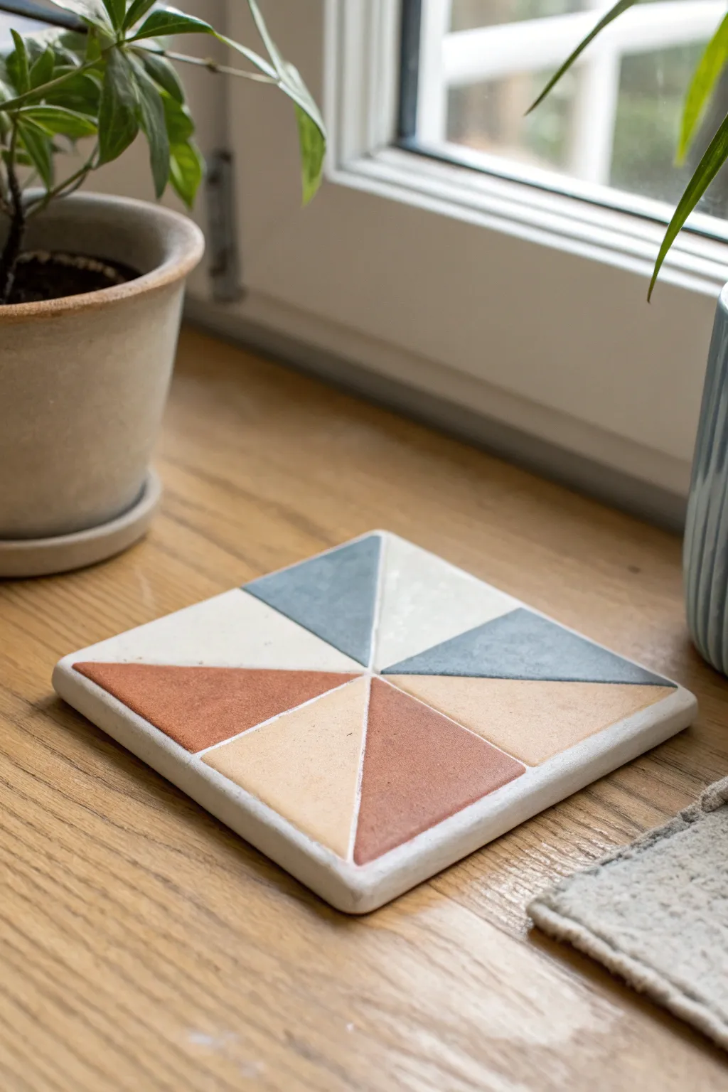 Crisp color-block clay coaster in cream, terracotta, and muted blue for a modern handmade set.
