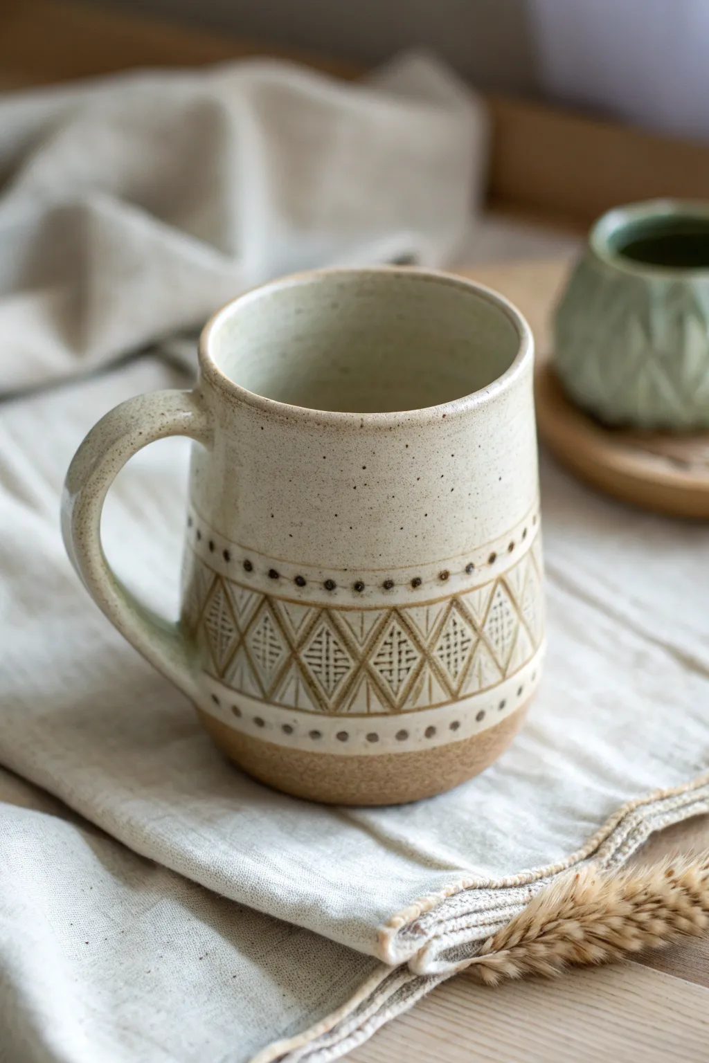 Handbuilt mug with a stamped texture band and softly pooling glaze for quiet, tactile detail