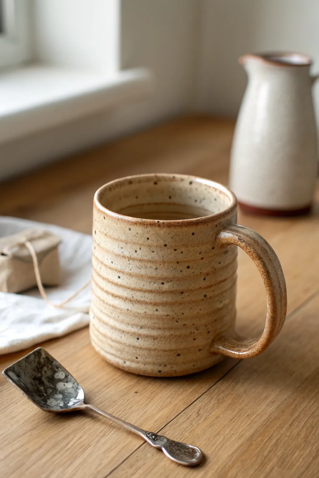 Cozy coil-built mug with a pulled-look handle, styled simply with a spoon and tea bag.