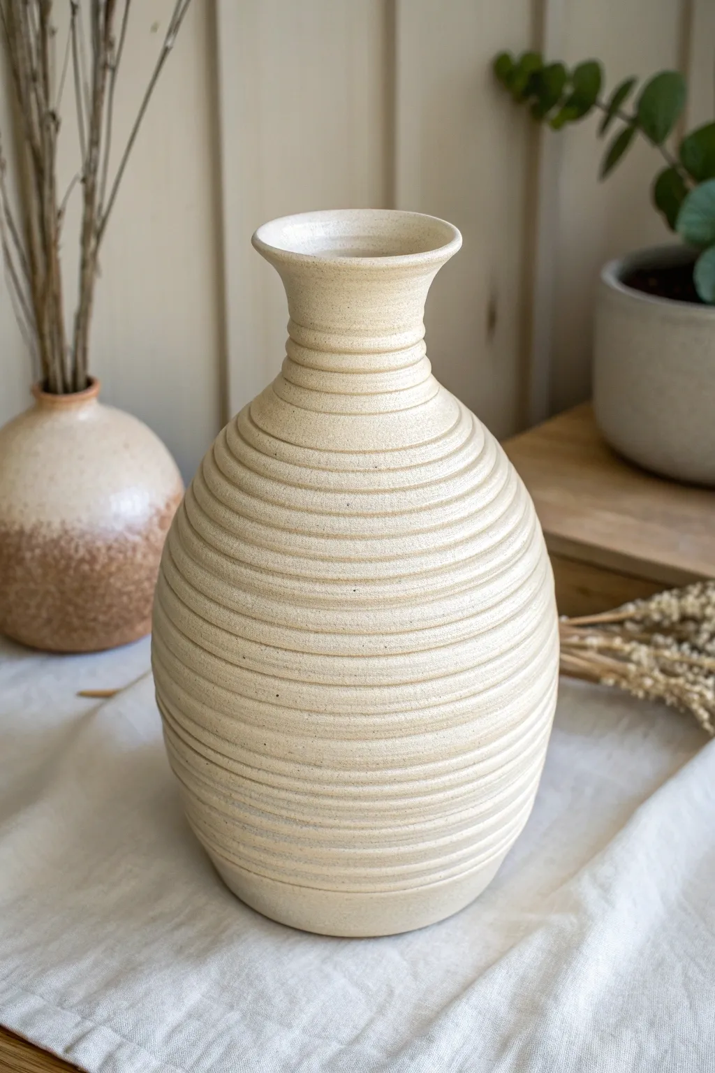 Two-texture coil band vase with smooth and exposed rings, finished in a calm monochrome glaze.