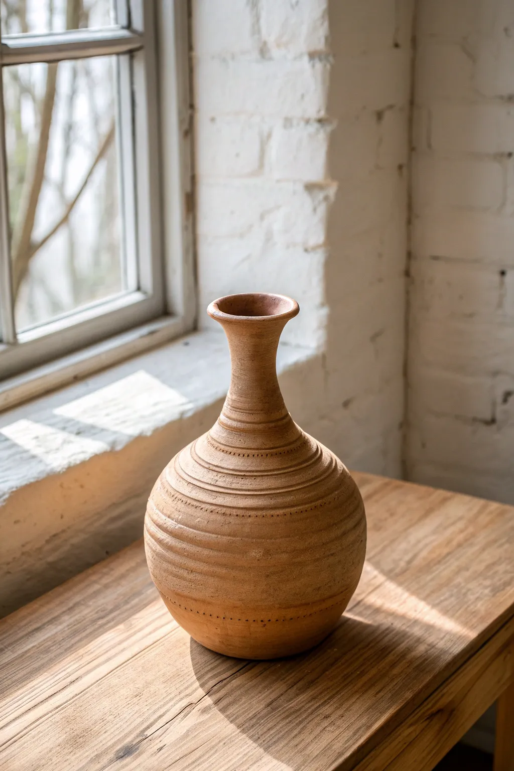Narrow neck coil jar with a generous belly, timeless shape in warm clay tones, minimalist styling.