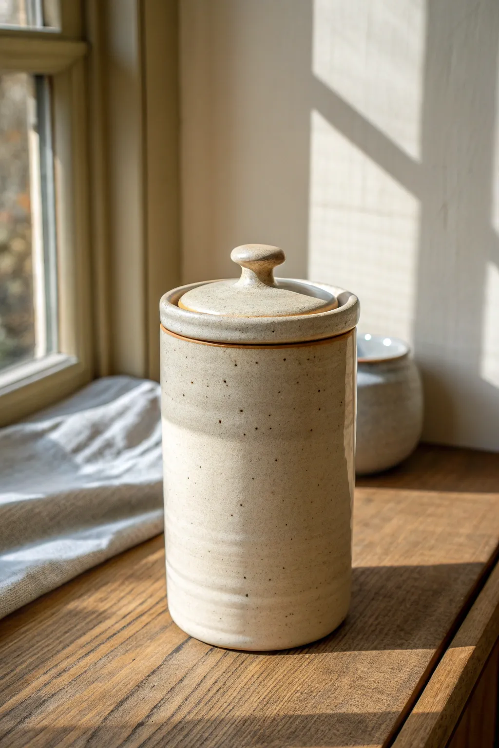 Minimal tea caddy with a deep-seated lid in matte glaze for clean, secure, Scandi-boho storage.