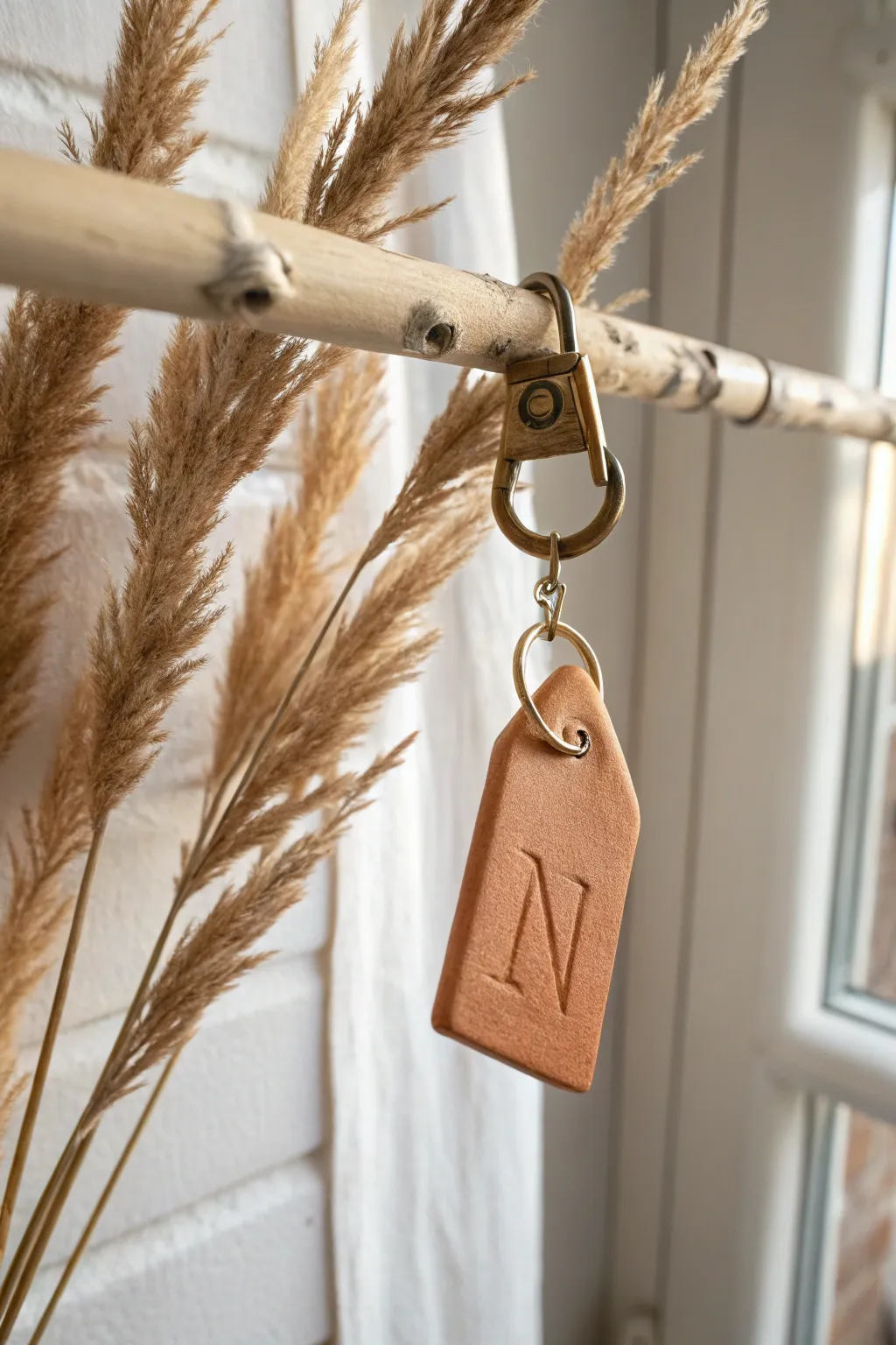 Minimal clay initial keychain on a birch peg rail, soft neutrals and brass for a handmade touch.