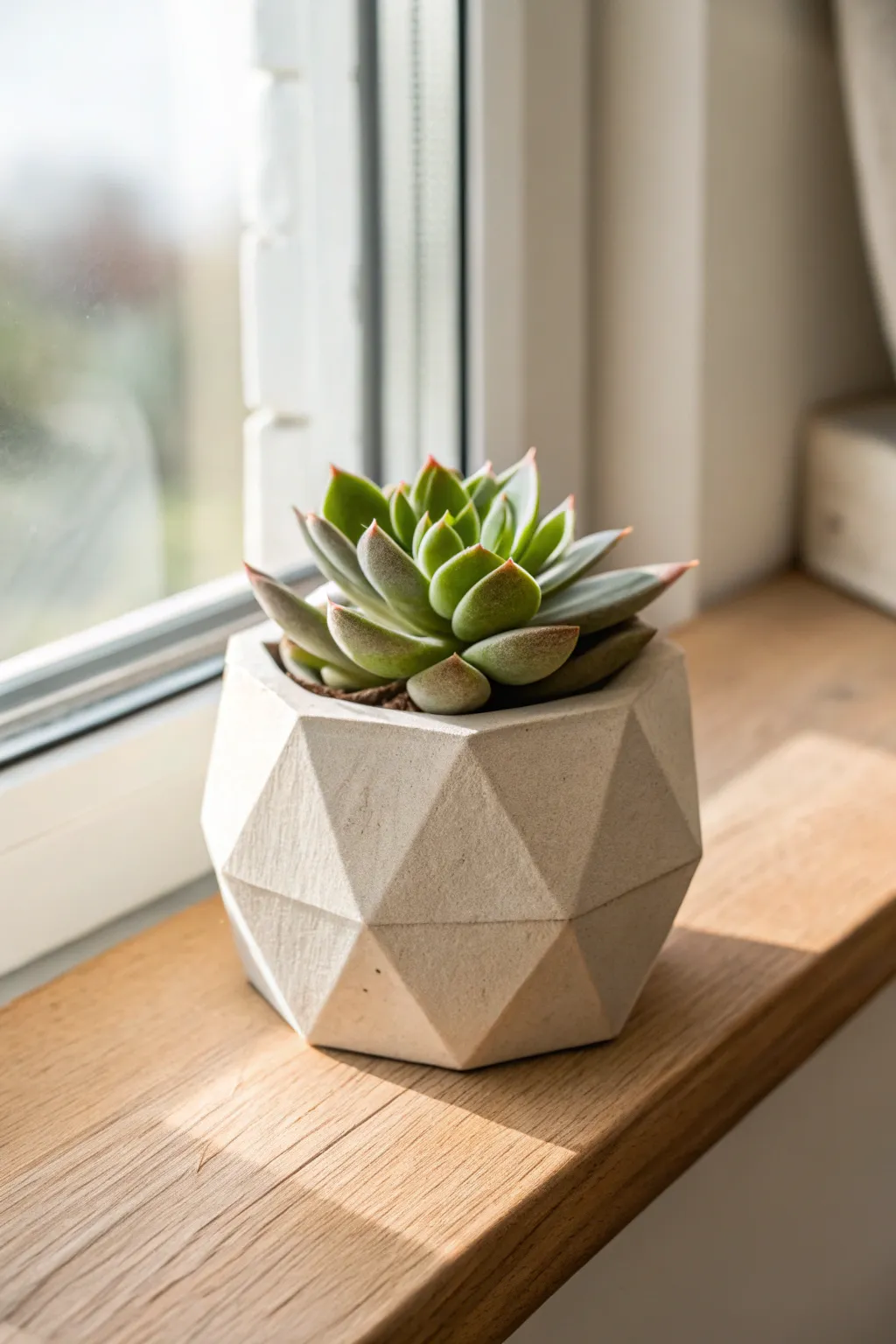 Minimal geometric air-dry clay planter with succulent, styled in soft Scandinavian daylight