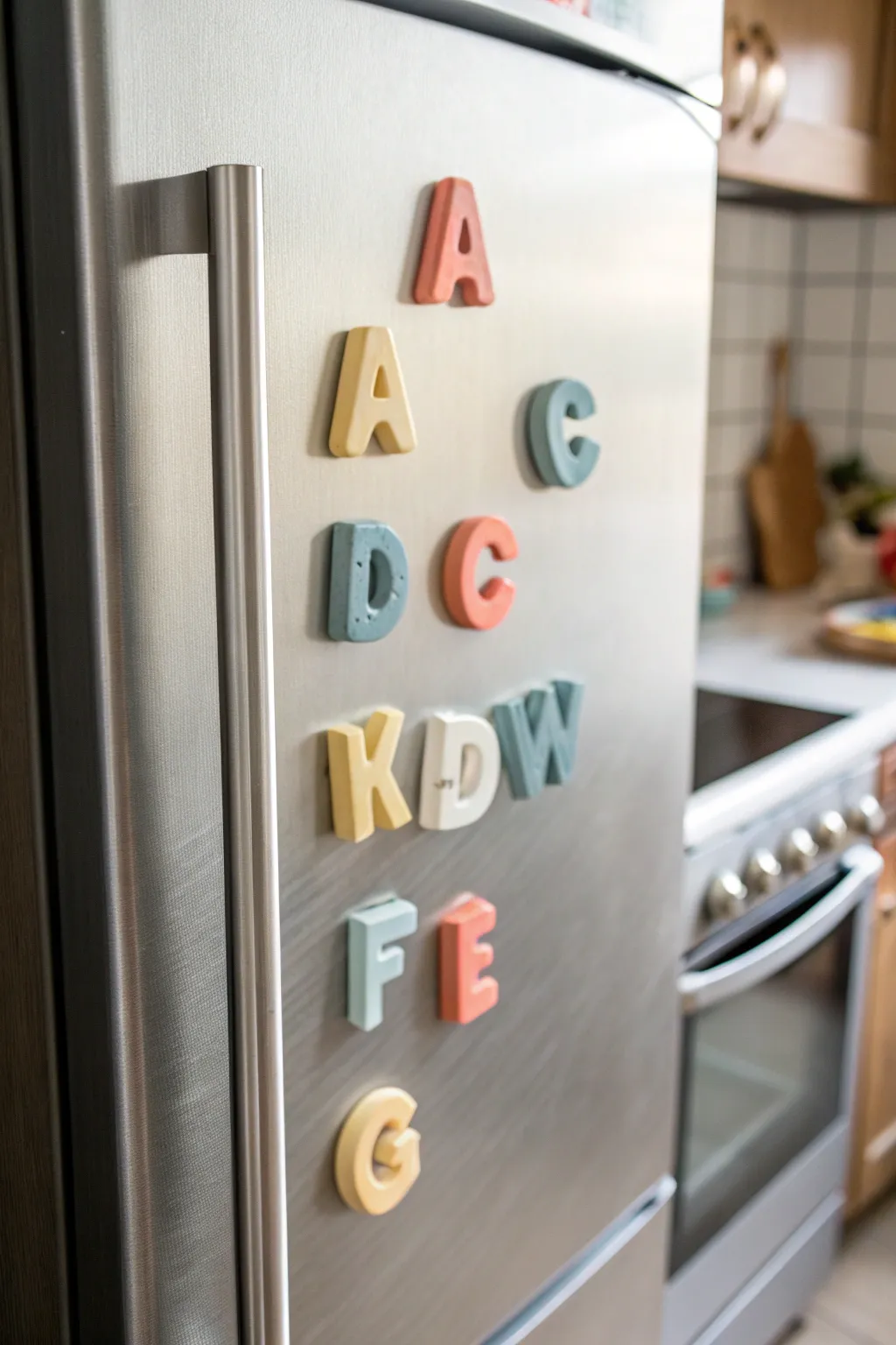 Chunky handmade clay alphabet magnets in bright colors, styled minimally on a cool metal fridge.