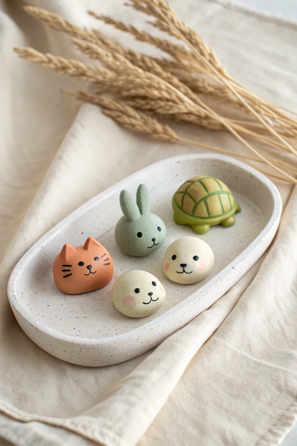 A tiny clay zoo: simple cat, turtle, and bunny minis on a minimalist tray, kid friendly
