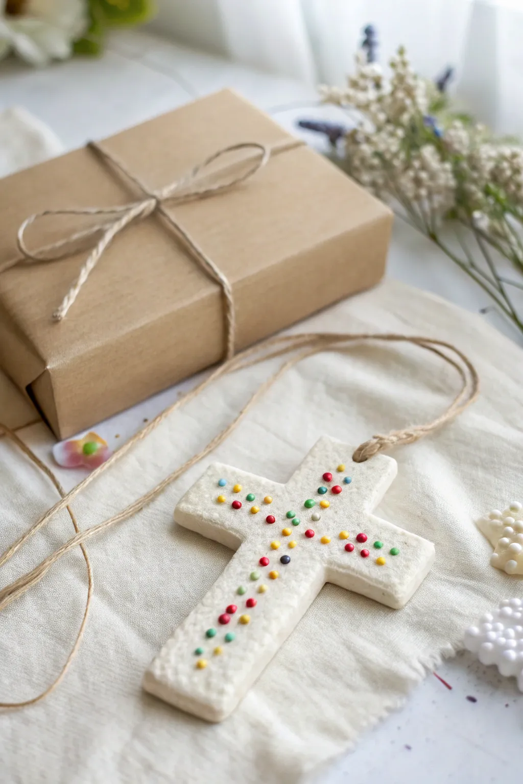 Bead-pressed salt dough cross keepsake with ribbon hanger, simple, colorful, gift-ready.