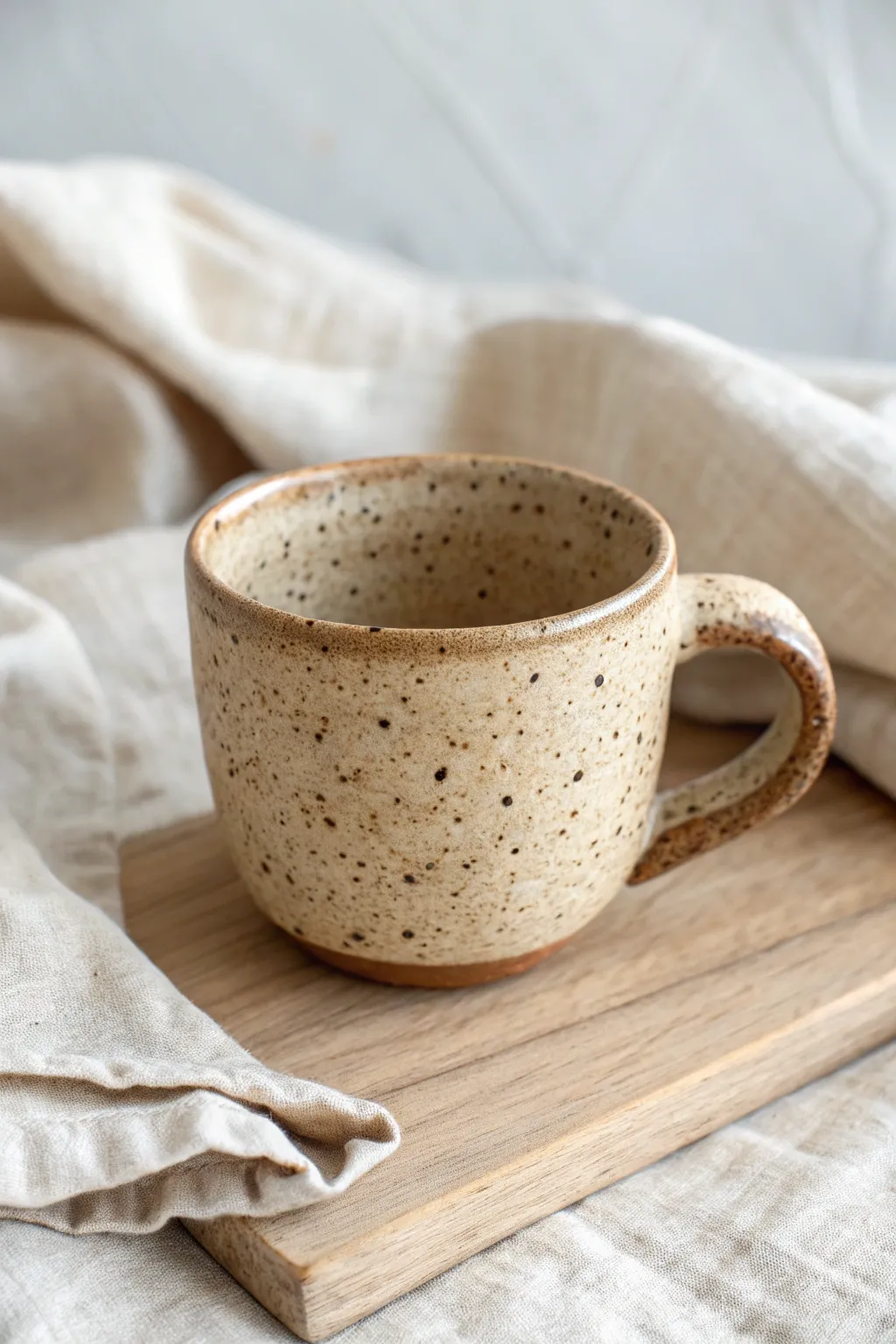 Cozy speckled stoneware cup in warm neutrals, simple shape with beautiful handmade texture.