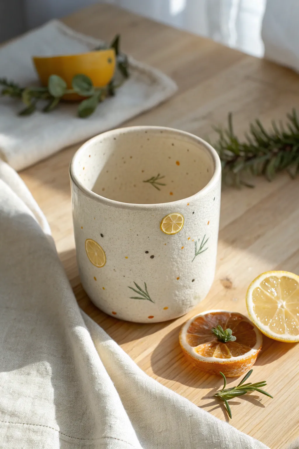 Minimal clay cup with raised lemon and orange slice sprigs for a fresh, sunny handmade look