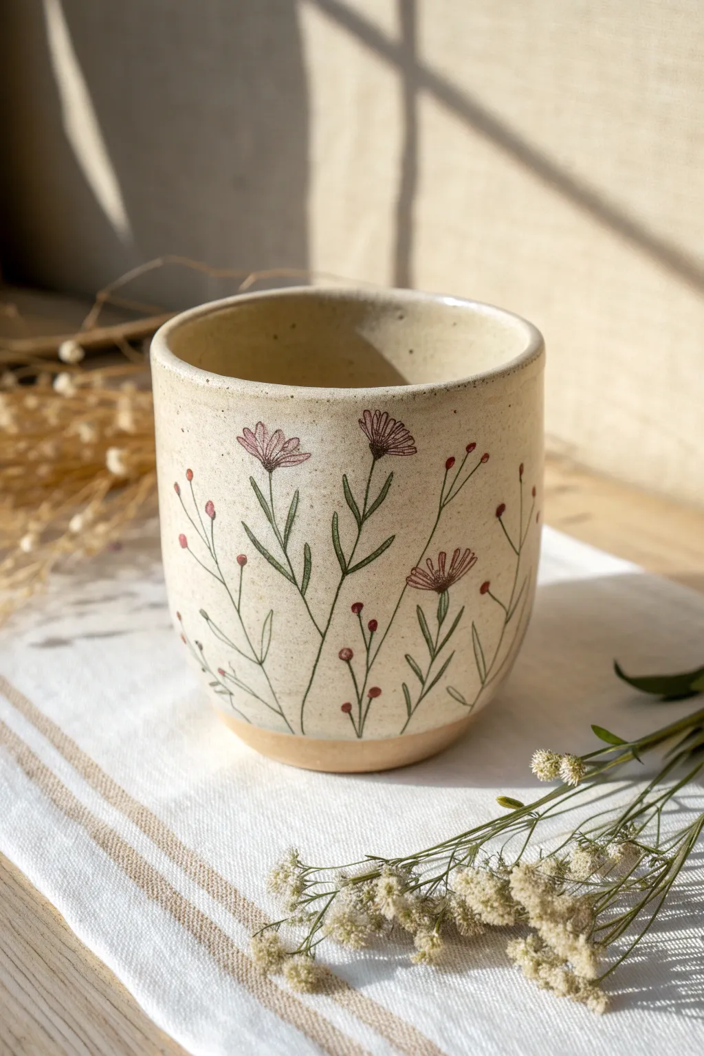 Dainty wildflower wrap turns a simple clay cup into a soft, Scandinavian-inspired keepsake.