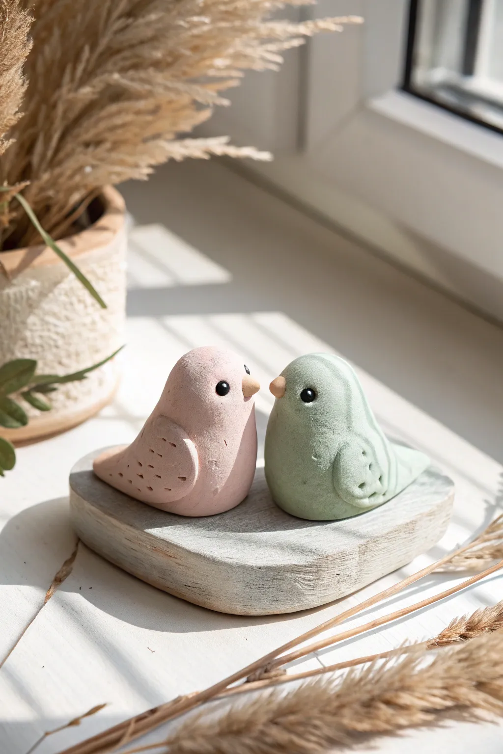 Tiny pastel lovebirds perched together, a sweet couple clay date project to make at home.