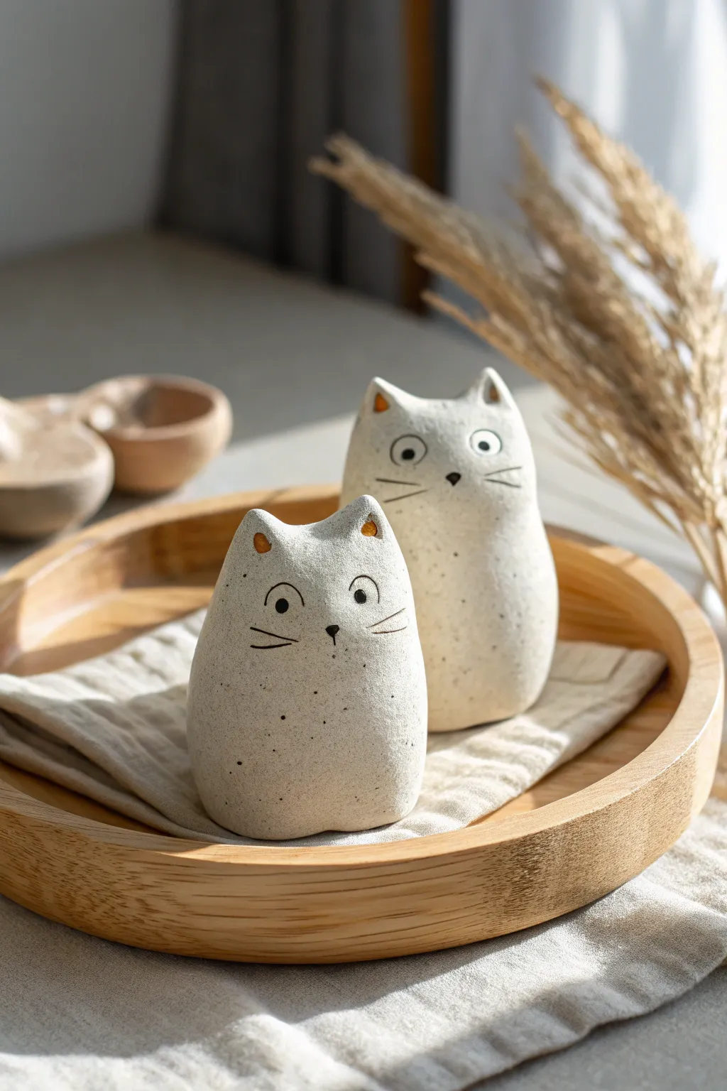 Tiny matching clay cats with playful expressions, the cutest sculpt-off idea for date night