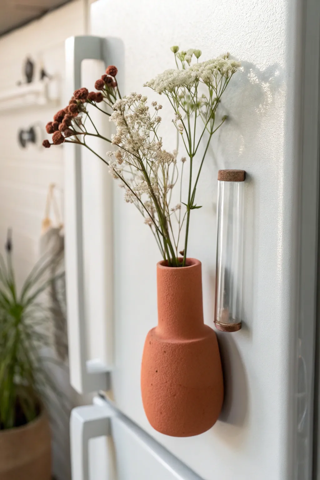 Tiny magnet bud vase: minimalist clay charm to display a single dried stem on your fridge.