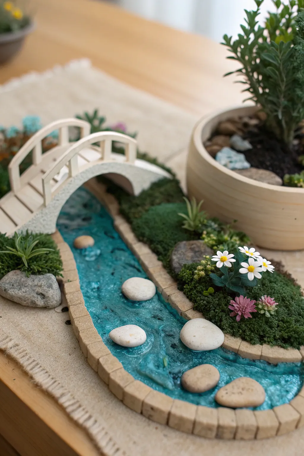 Mini clay garden diorama with arched bridge and stream, calm Scandinavian-boho charm