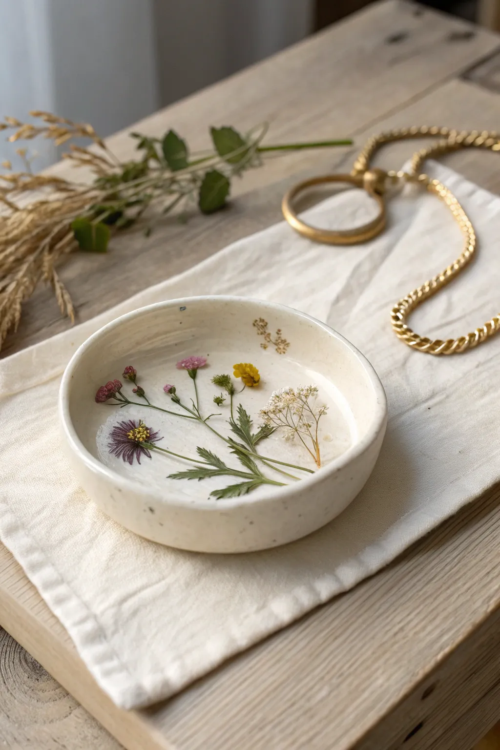 Pressed flower keepsake dish in soft light, a simple boho touch for your jewelry nook