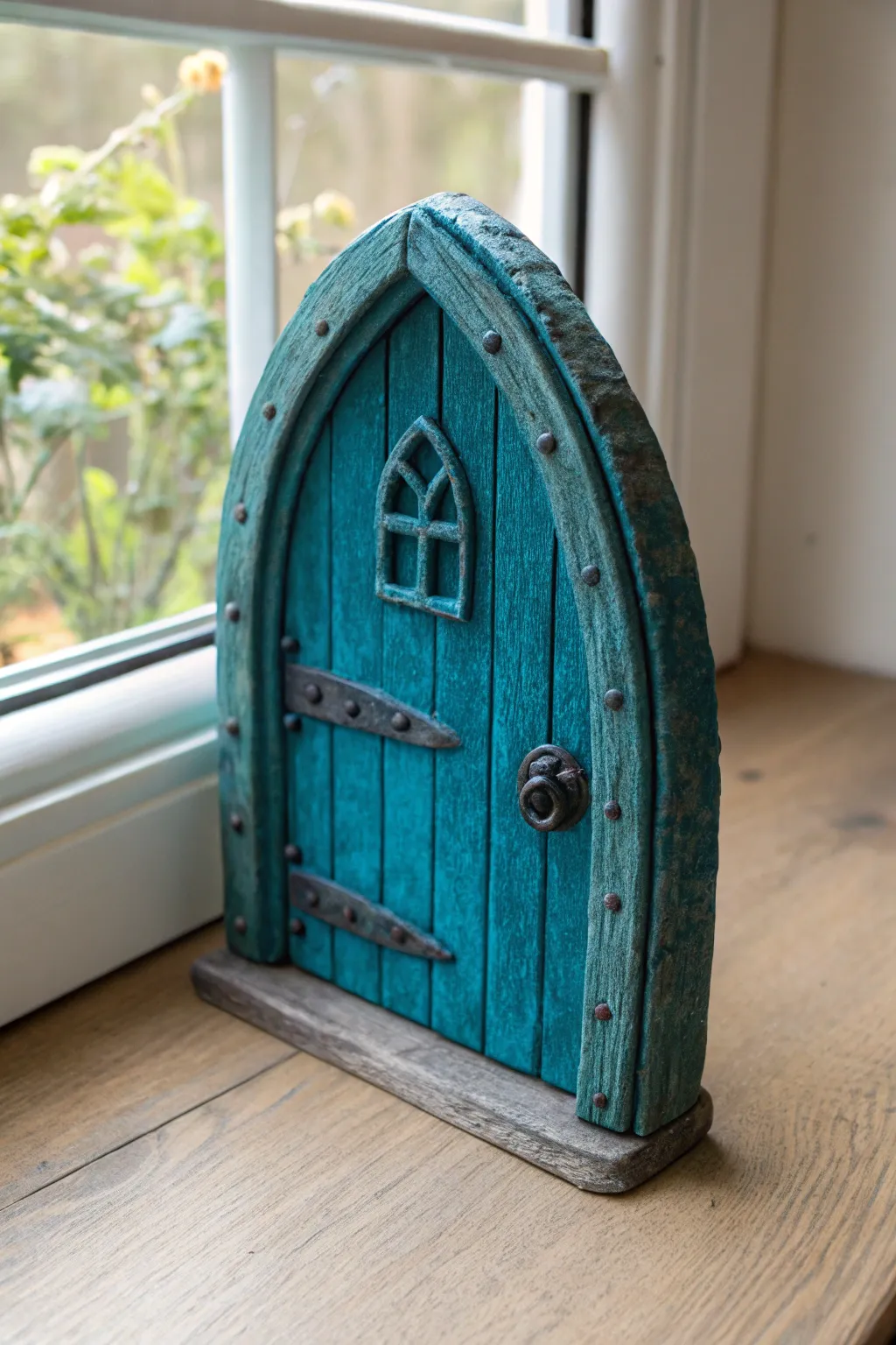 Teal clay fairy door with aged wash and shadowed grooves for a magical, weathered finish.