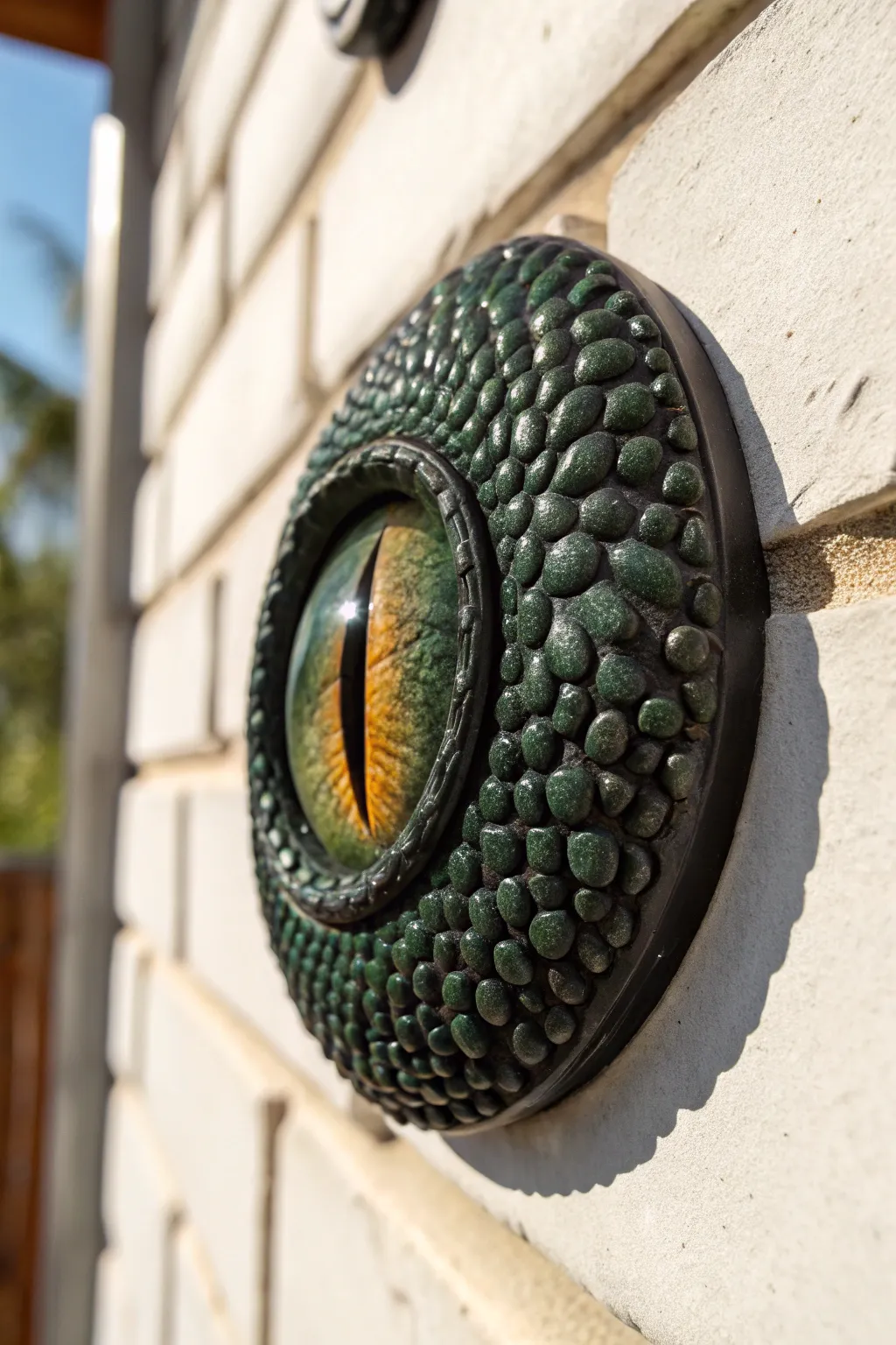 Glossy black green dragon eye plaque with pebbled lids and a bright iris, minimalist mood