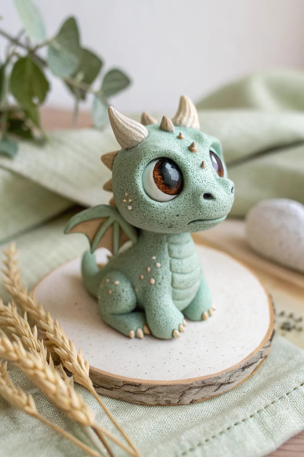 Sweet clay dragon bust with big sparkly eyes, minimalist styling and cozy handcrafted charm